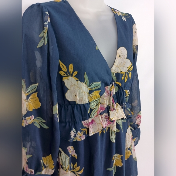 Y2K Sheer Boho party‎ Barbiecore XS Romantic Fairy Floral Navy Blue Summer Dress - Picture 6 of 11